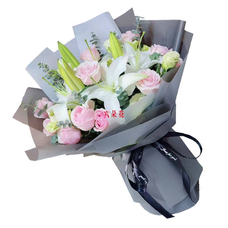 12朵粉玫瑰百合，爱美丽的芬芳