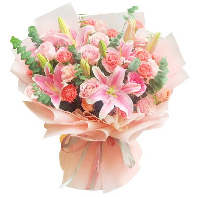 11朵粉色康乃馨玫瑰百合，充满爱和温馨